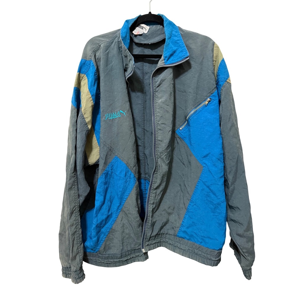 Vintage PUMA‎ Track Jacket XL Full Zip Gray Blue Teal Windbreaker Menswear